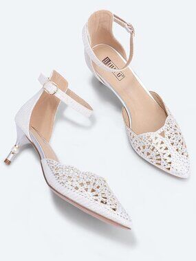 Women's White Rhinestones Low Kitten Heels Pumps Evening Dress Shoes